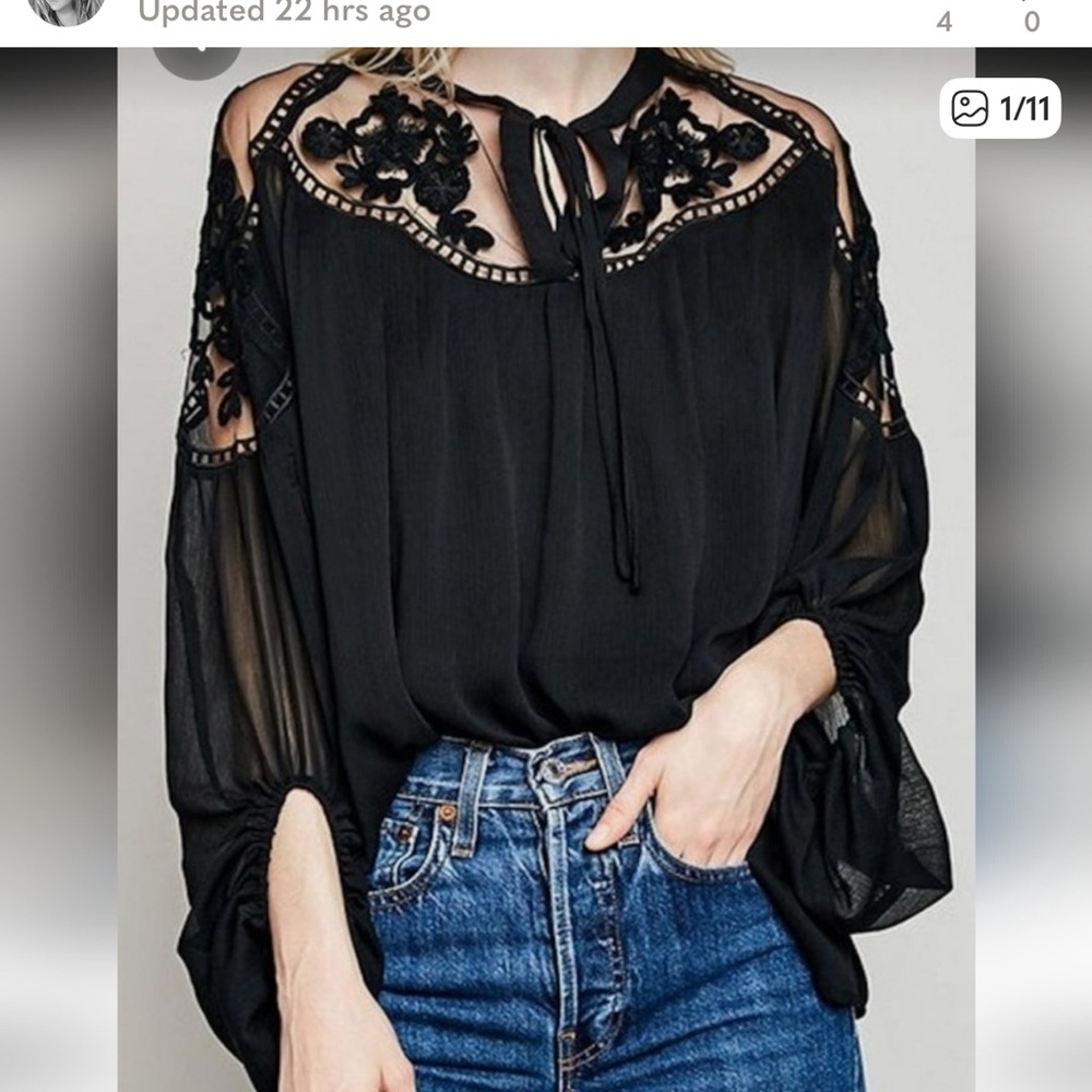 Hayden Los Angeles Sheer Oversized Floral Lace, Mesh, Sheer Black Blouse S/M